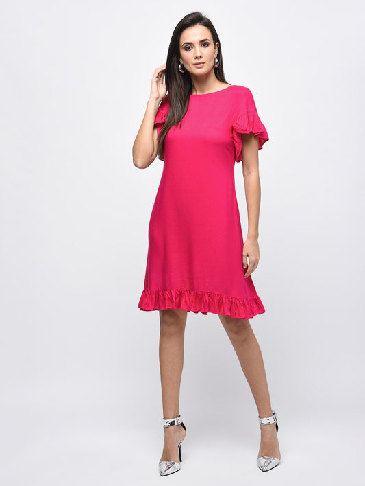 Women's Pink Rayon Solid Flared Sleeve Round Neck Dress