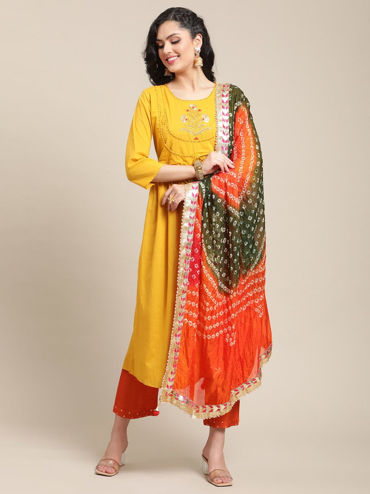Women's Mustard Sequins Embroidery Anarkali Kurta With Rust And Olive Bandhej Silk Dupatta