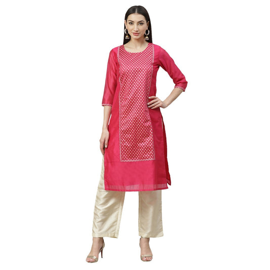 Women's Pink Chanderi Printed 3/4 Sleeve Round Neck Casual Kurta Pant Set