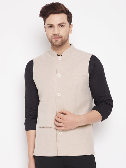 Men's Cream Color Woven Nehru Jacket