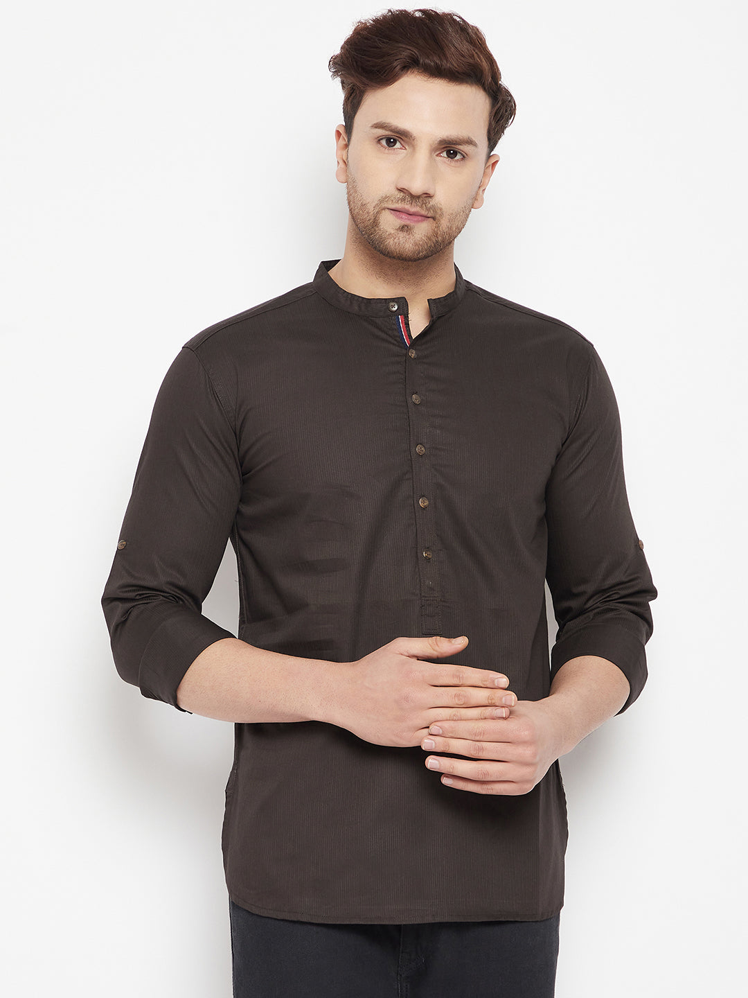 Men's Brown Color Long Kurta with Band Collar