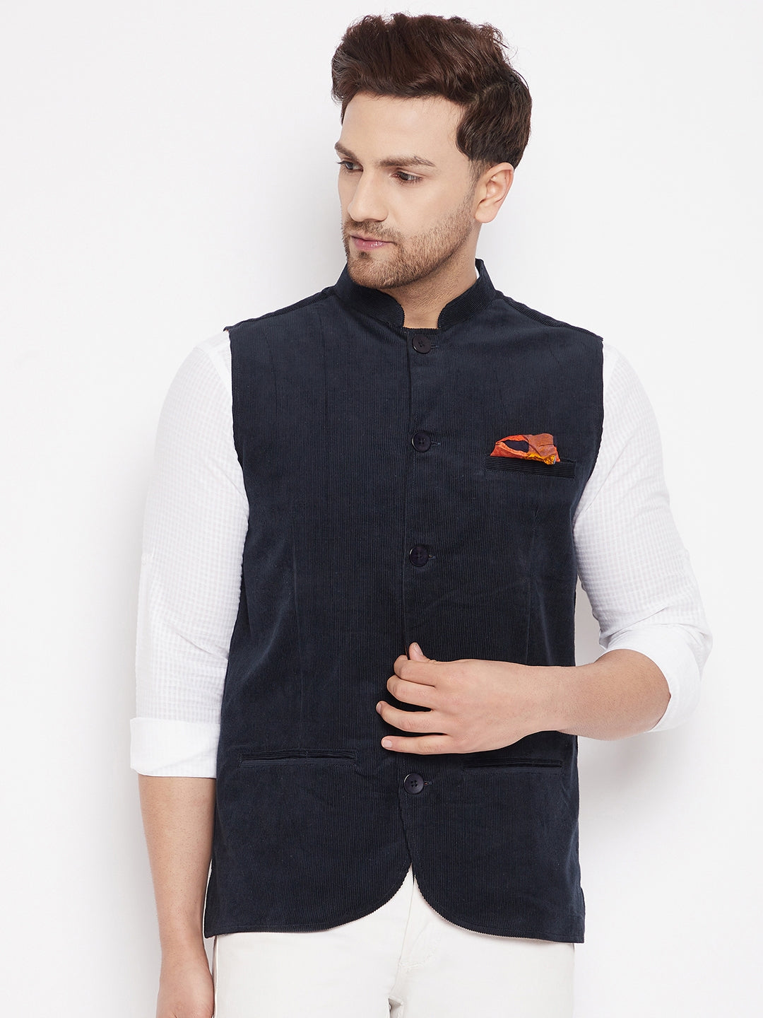Men's Navy Color Nehru Jacket-Contrast Lining-Inbuilt Pocket Square