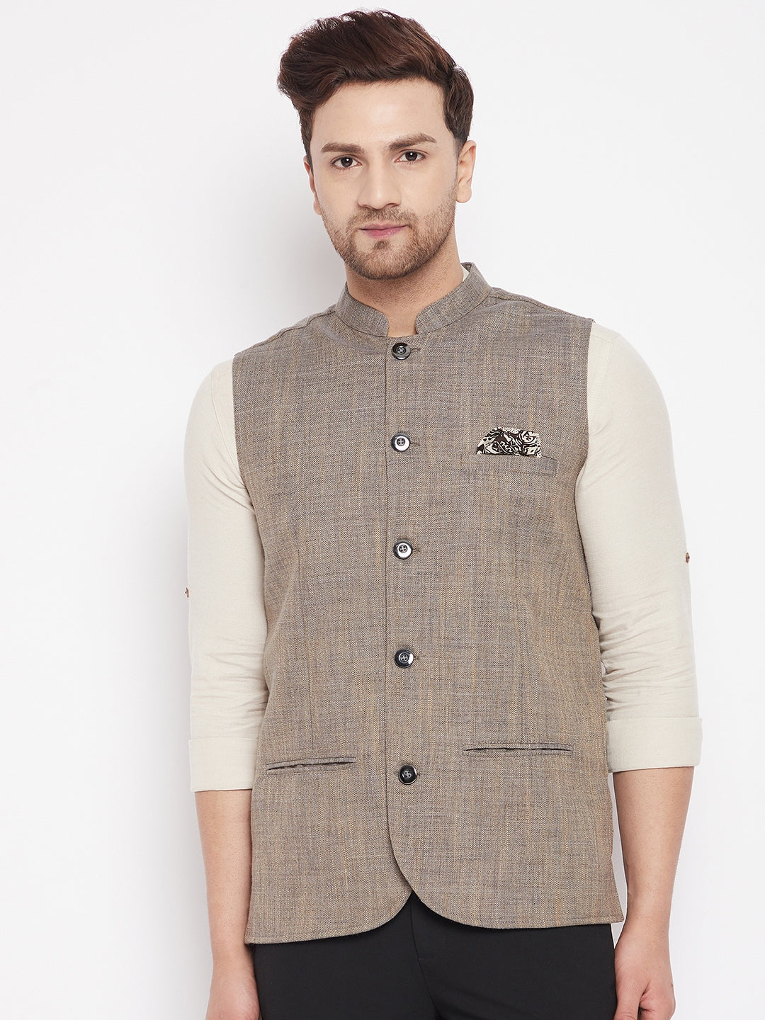 Men's Brown Color Woven Nehru Jacket