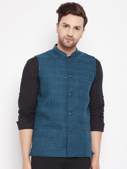 Men's Blue Color Woven Nehru Jacket