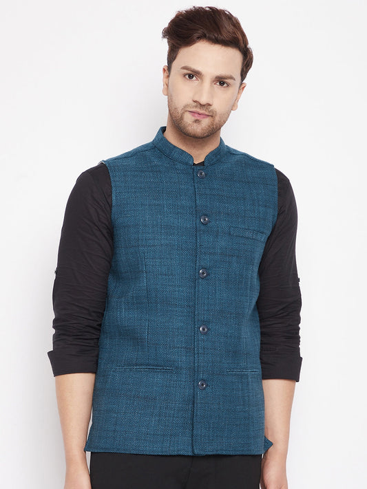 Men's Blue Color Woven Nehru Jacket