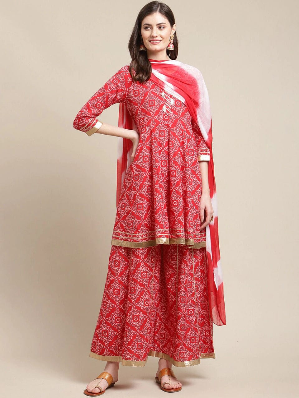 Women's Red Ethnic Motifs Printed Gotta Patti Kurta with Sharara & With Dupatta