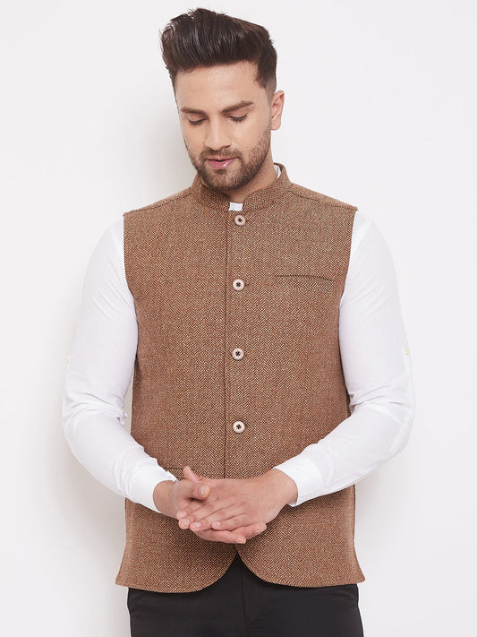 Men's Brown Woolen Tweed Nehru Jacket