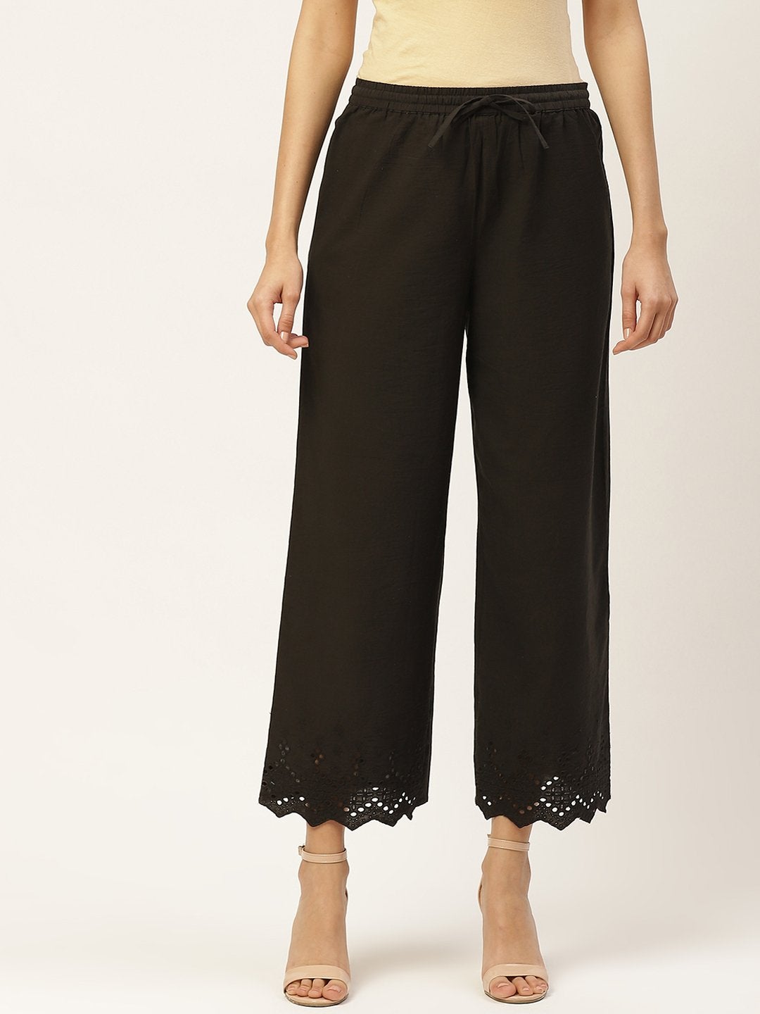 Women's Black Solid Schiffli Straight Cotton Palazzos