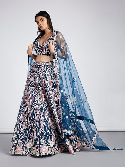 Women's Navy Blue Net Sequins And Thread Embroidery Lehenga Choli & Dupatta