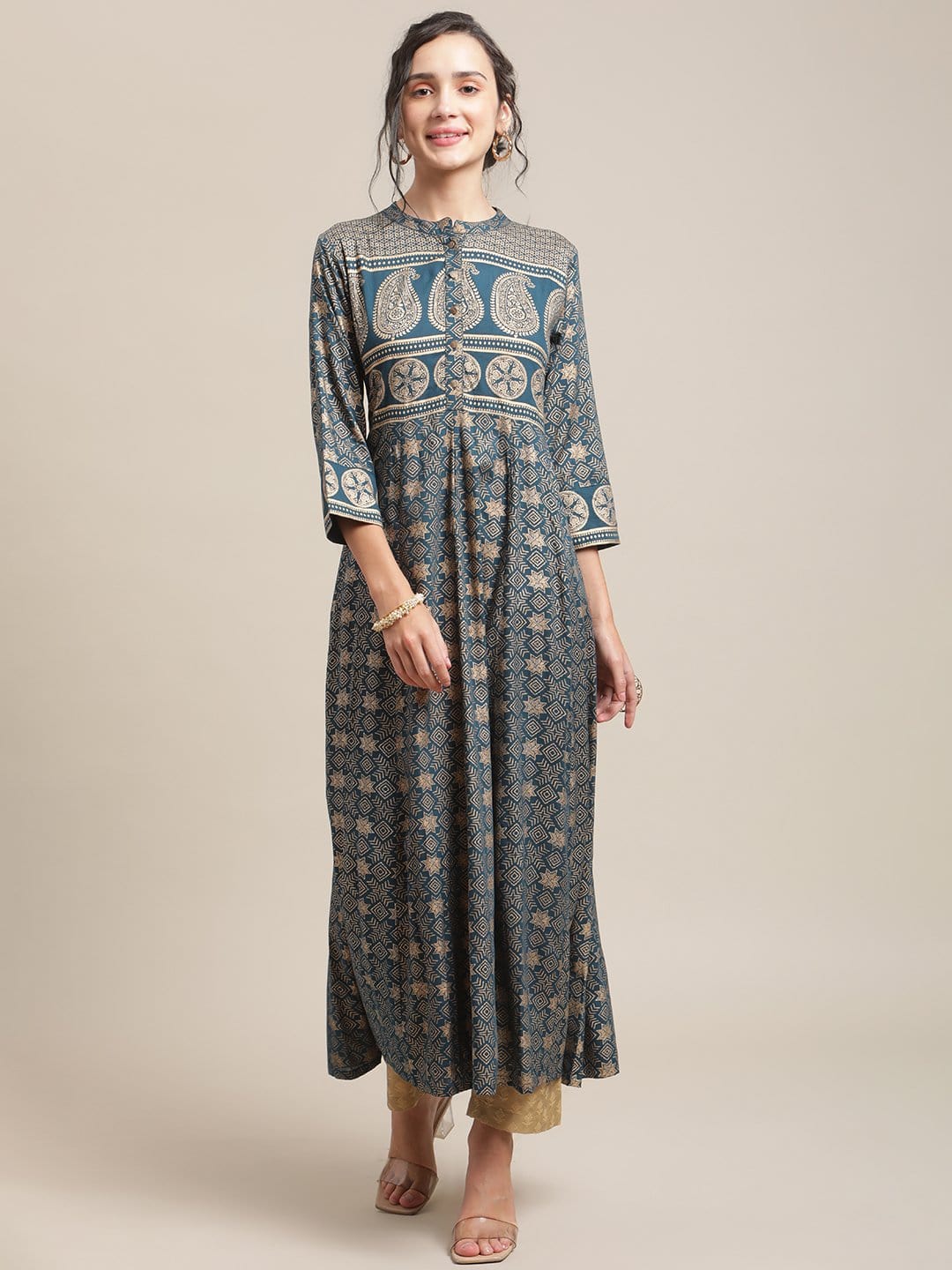 Women's Teal And Gold Printed Flared Anarakali Kurta