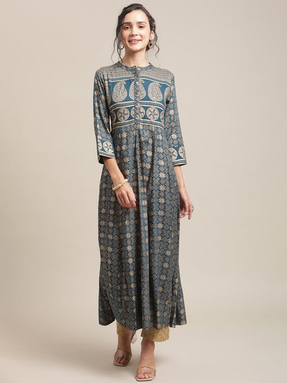 Women's Teal And Gold Printed Flared Anarakali Kurta