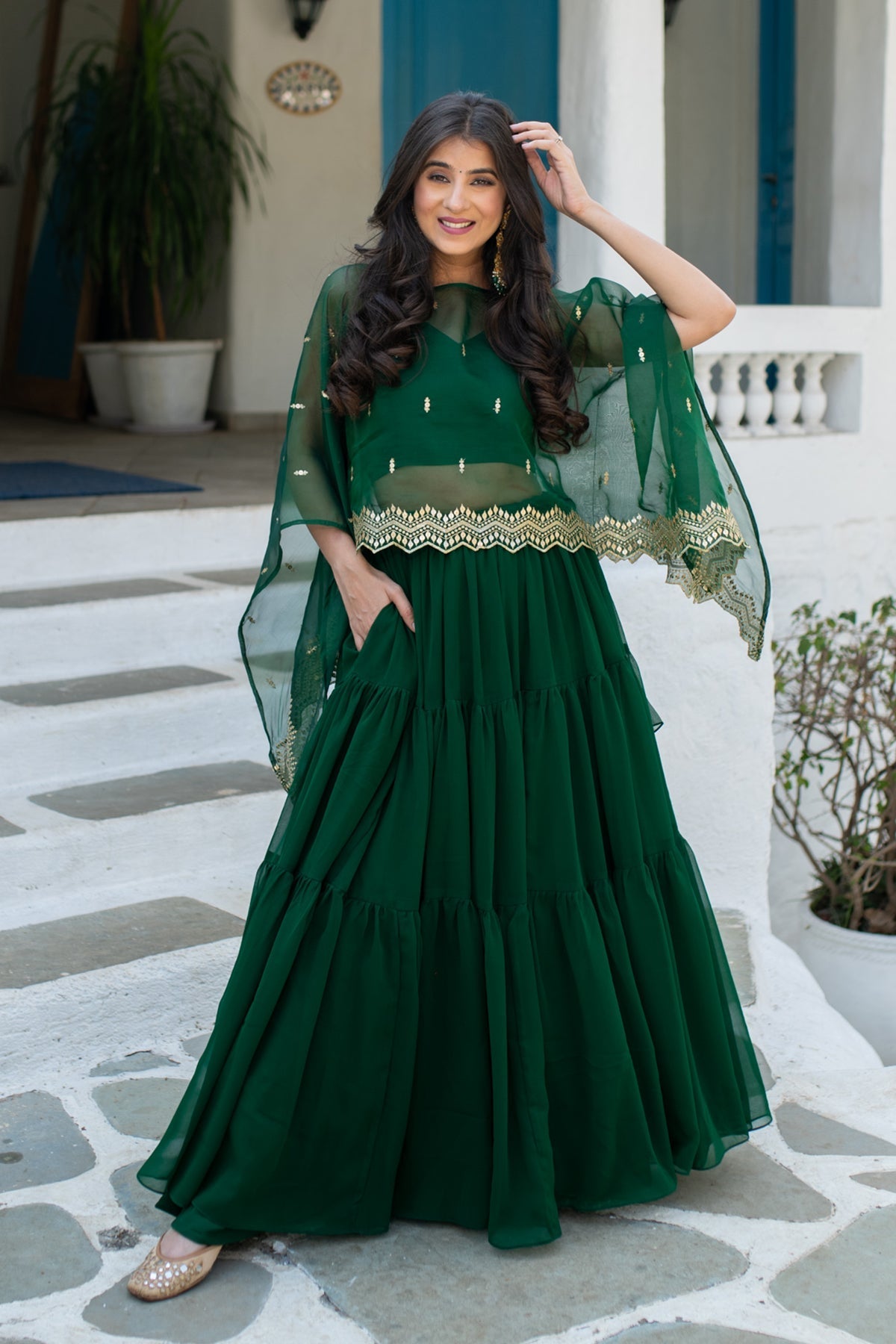 Women's Bottle Green Cape Lehenga Choli