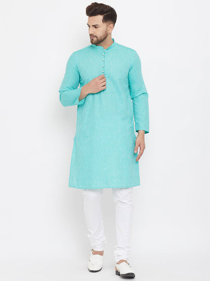 Men's Solid Turquoise Placket Detail Cotton Kurta