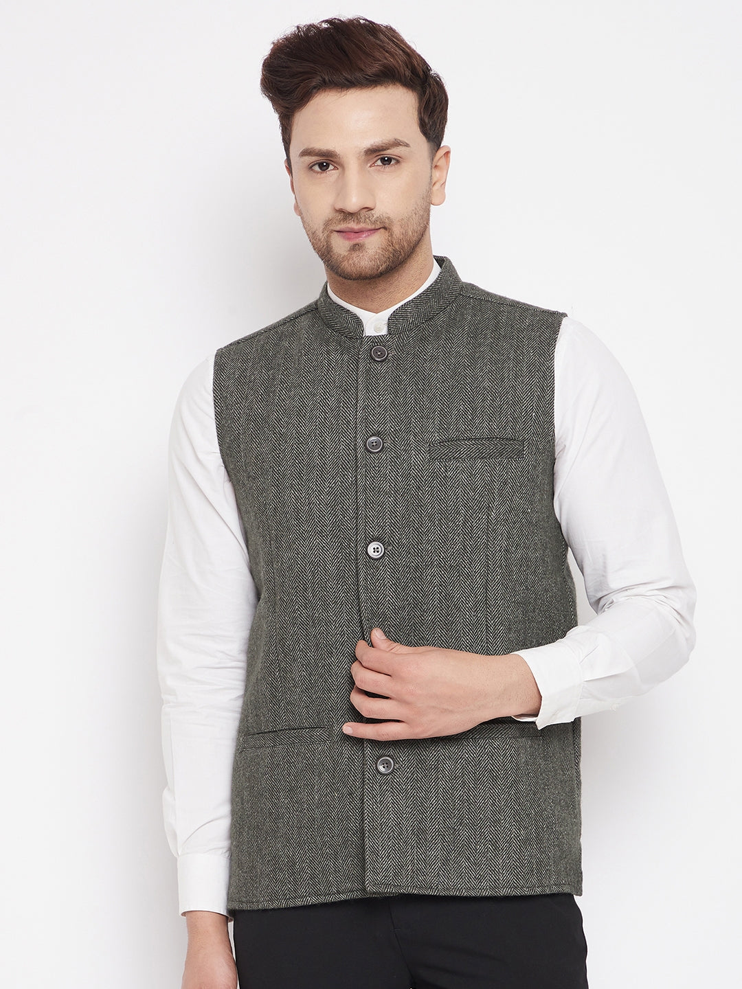 Men's Green Color Woven Nehru Jacket