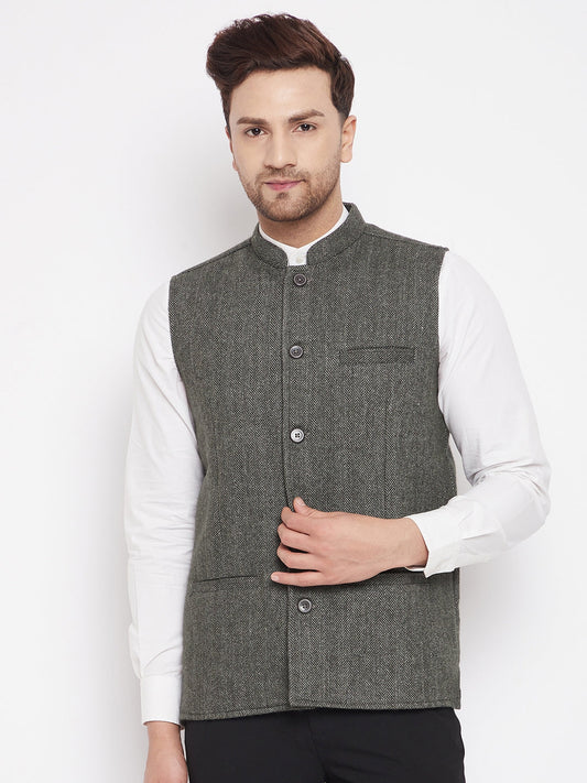 Men's Green Color Woven Nehru Jacket