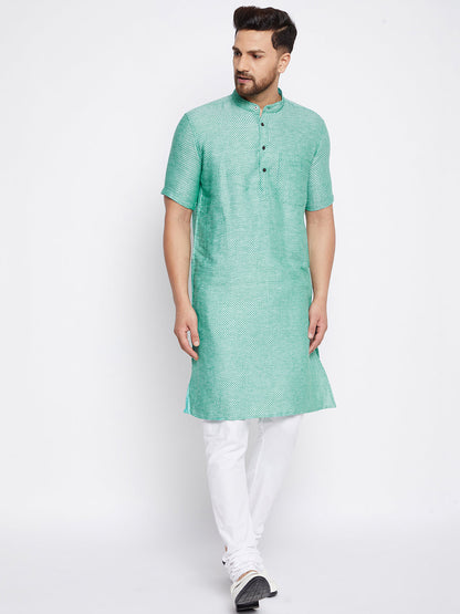 Men's Cotton Striped Green Kurta