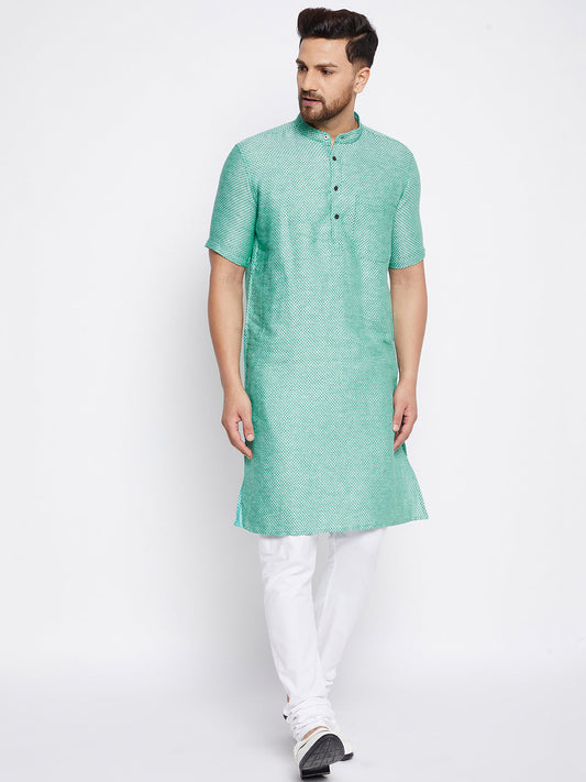 Men's Cotton Striped Green Kurta