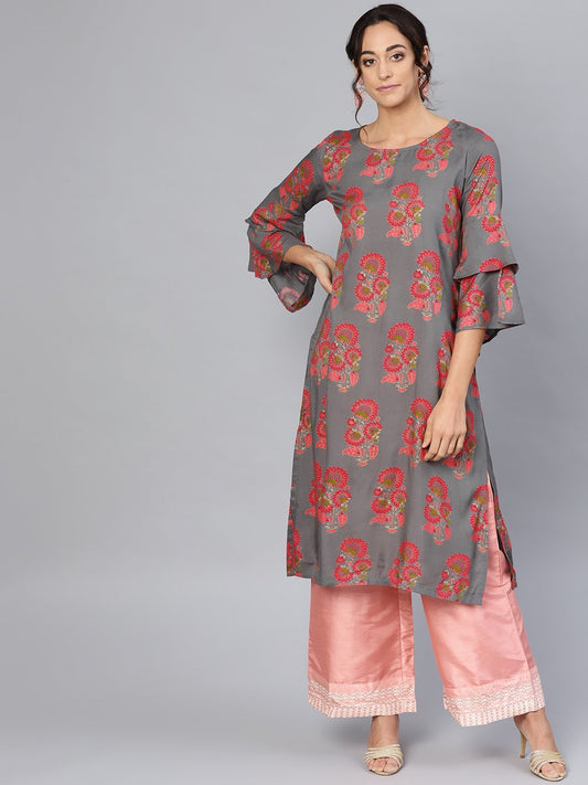 Women's Grey Rayon Printed 3/4 Sleeve Round Neck Dress