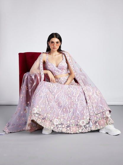 Women's Mauve Net Sequins And Thread Embroidery Lehenga Choli & Dupatta