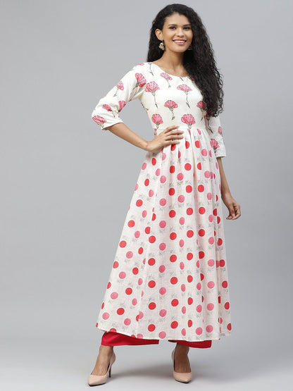 Women's Off White Stylish Print Cotton Anarkali Kurta