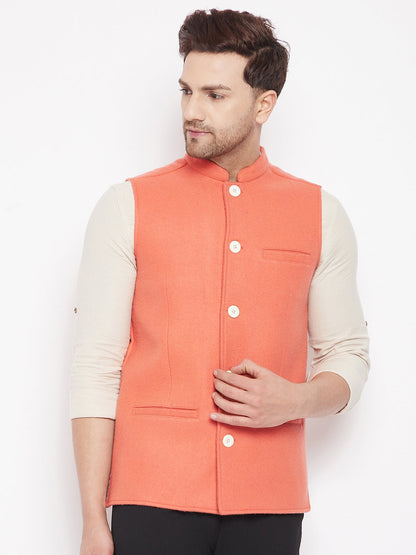 Men's Orange Color Woven Nehru Jacket