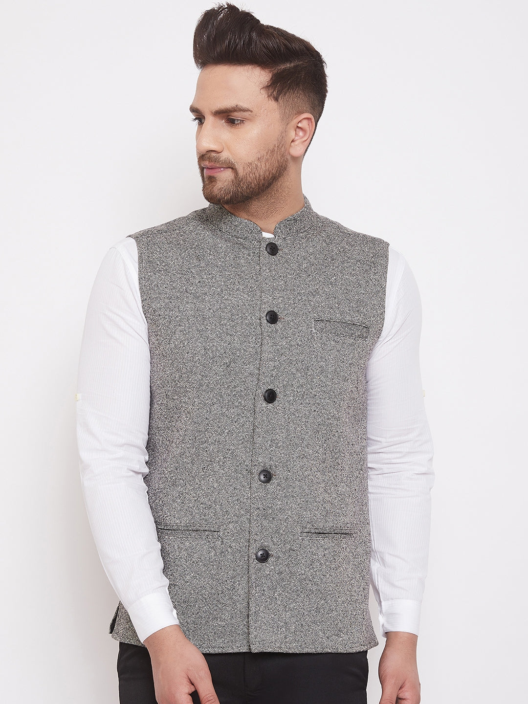 Men's Solid Grey Wool Nehru Jacket