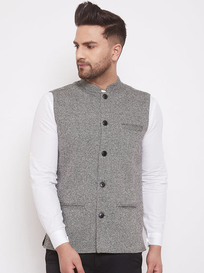 Men's Solid Grey Wool Nehru Jacket