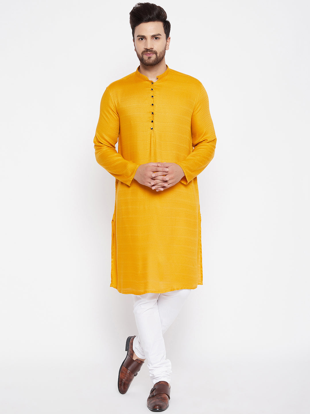 Men's Woven Design Yellow Straight Kurta