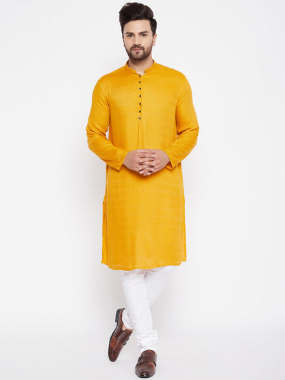 Men's Woven Design Yellow Straight Kurta