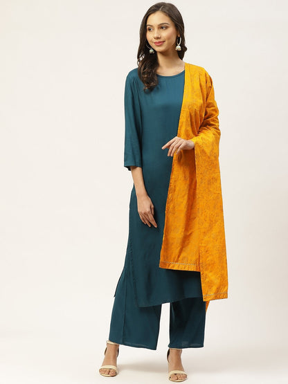 Women's Teal Blue Solid Kurta with Palazzos & Ethnic Motifs Hand Printed Dupatta