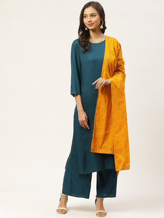 Women's Teal Blue Solid Kurta with Palazzos & Ethnic Motifs Hand Printed Dupatta