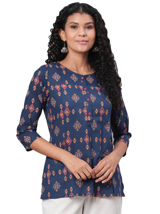 Women Navy Blue Printed Cotton Top by Myshka