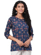 Women Navy Blue Printed Cotton Top by Myshka
