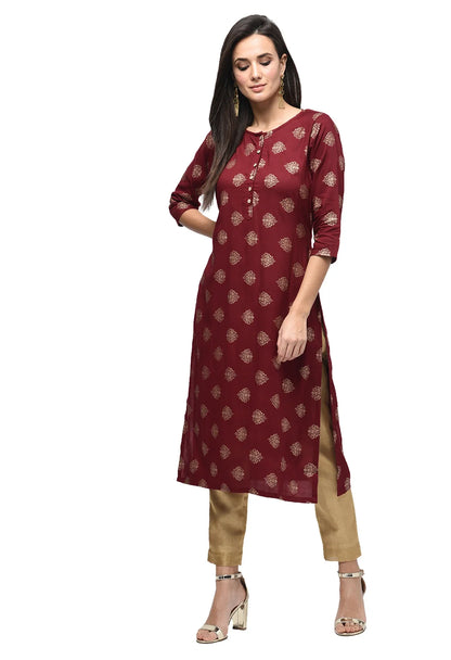Women Maroon Printed Kurta by Myshka (