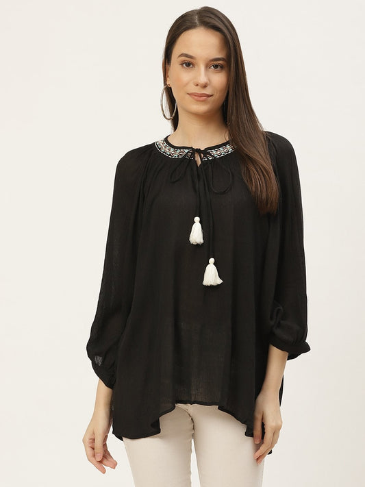 Women's Black Rayon Crepe Embroided Top (1pc)