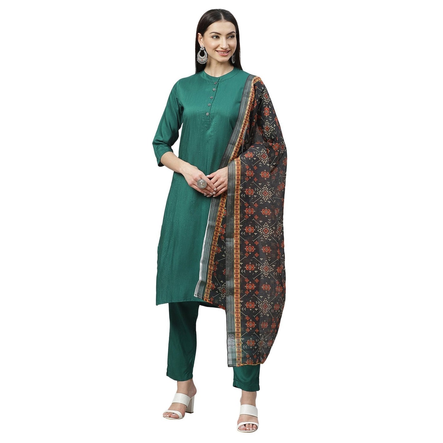 Women's Green Silk Blend Solid 3/4 Sleeve Casual Kurta Pant Dupatta Set