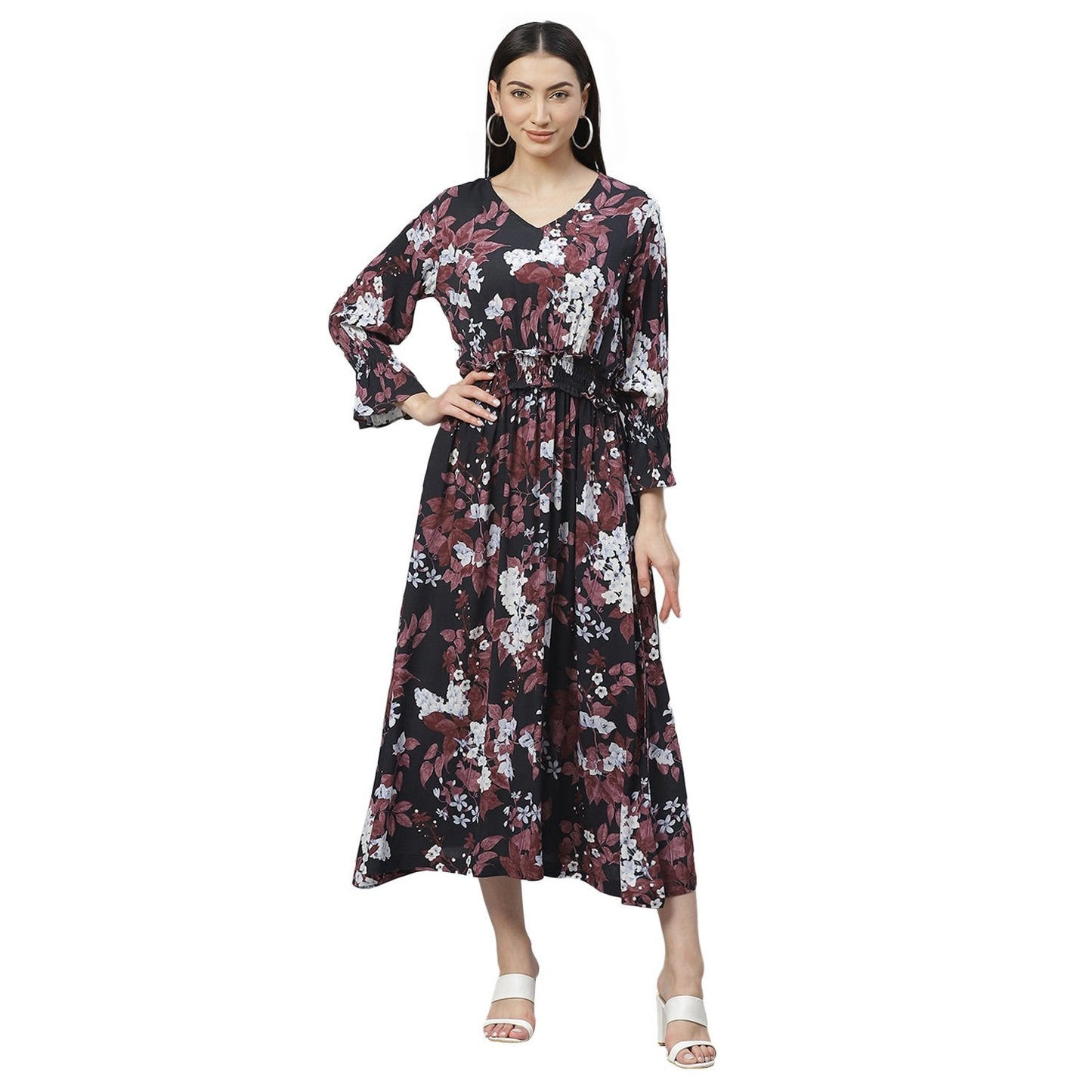 Women's Multicolor Rayon Printed 3/4 Sleeve V Neck Casual Dress