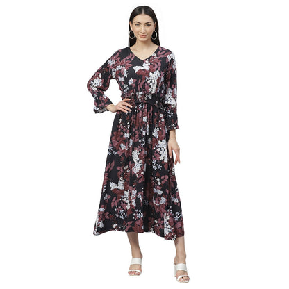 Women's Multicolor Rayon Printed 3/4 Sleeve V Neck Casual Dress