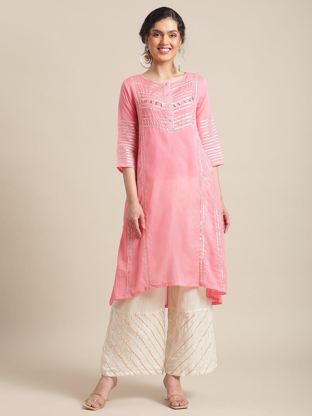 Women's Peach Gota Embellished A Line Kurta With Gota Embellished Palazzo