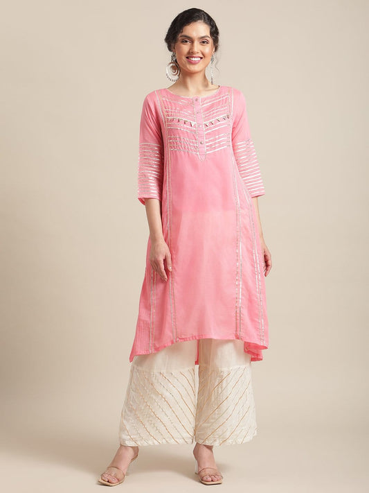 Women's Peach Gota Embellished A Line Kurta With Gota Embellished Palazzo