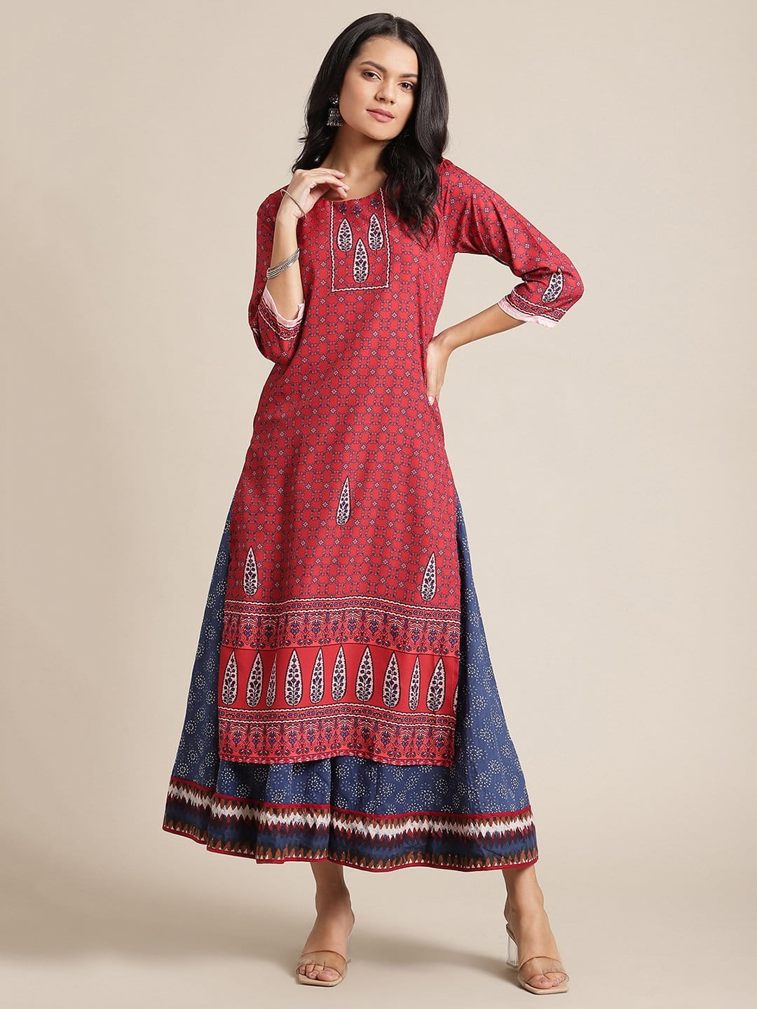 Women's KSUT Red And Blue Floral Printed Straight Kurta With 3/4Th Sleeves