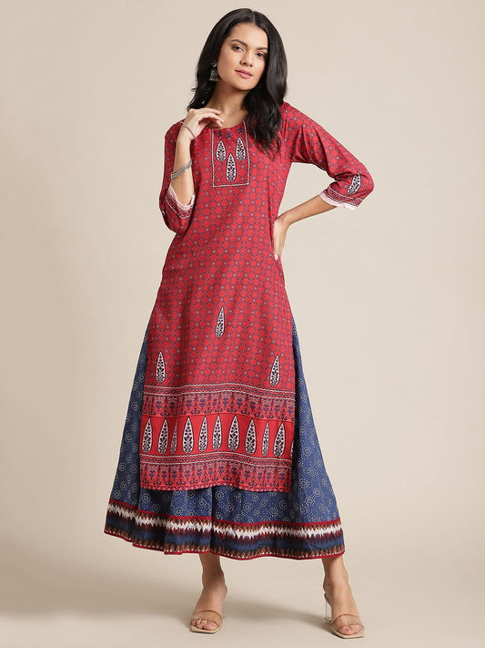 Women's KSUT Red And Blue Floral Printed Straight Kurta With 3/4Th Sleeves