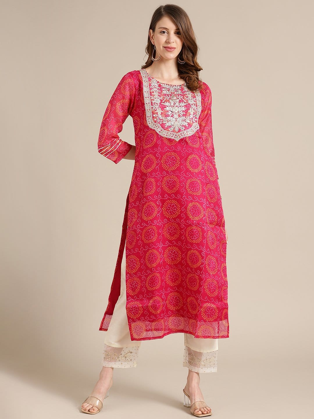 Women's KSUT Pink Bandhej Kurta With Zari Embellished Yoke Embroidery And 3/4Th Sleeves
