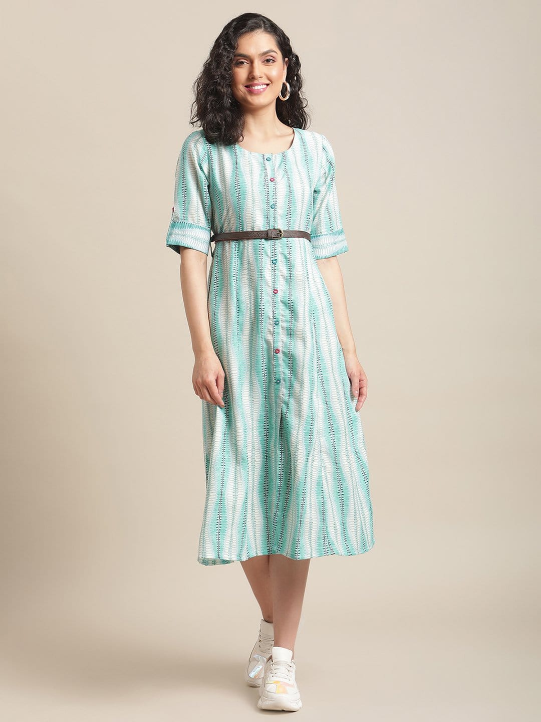 Women's Off-White And Blue Abstract Printed Panelled Kurta With Loops And Leather Belt