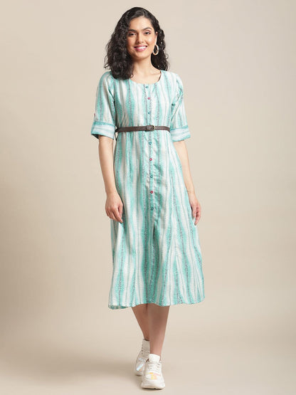 Women's Off-White And Blue Abstract Printed Panelled Kurta With Loops And Leather Belt