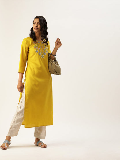 Women's Mustard Yellow Floral Yoke Embroidered Straight Kurta