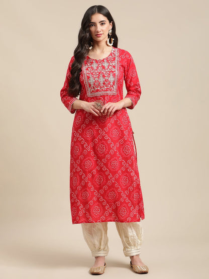 Women's Red And White Bandhej Printed Zari Embroidered Straight Kurta