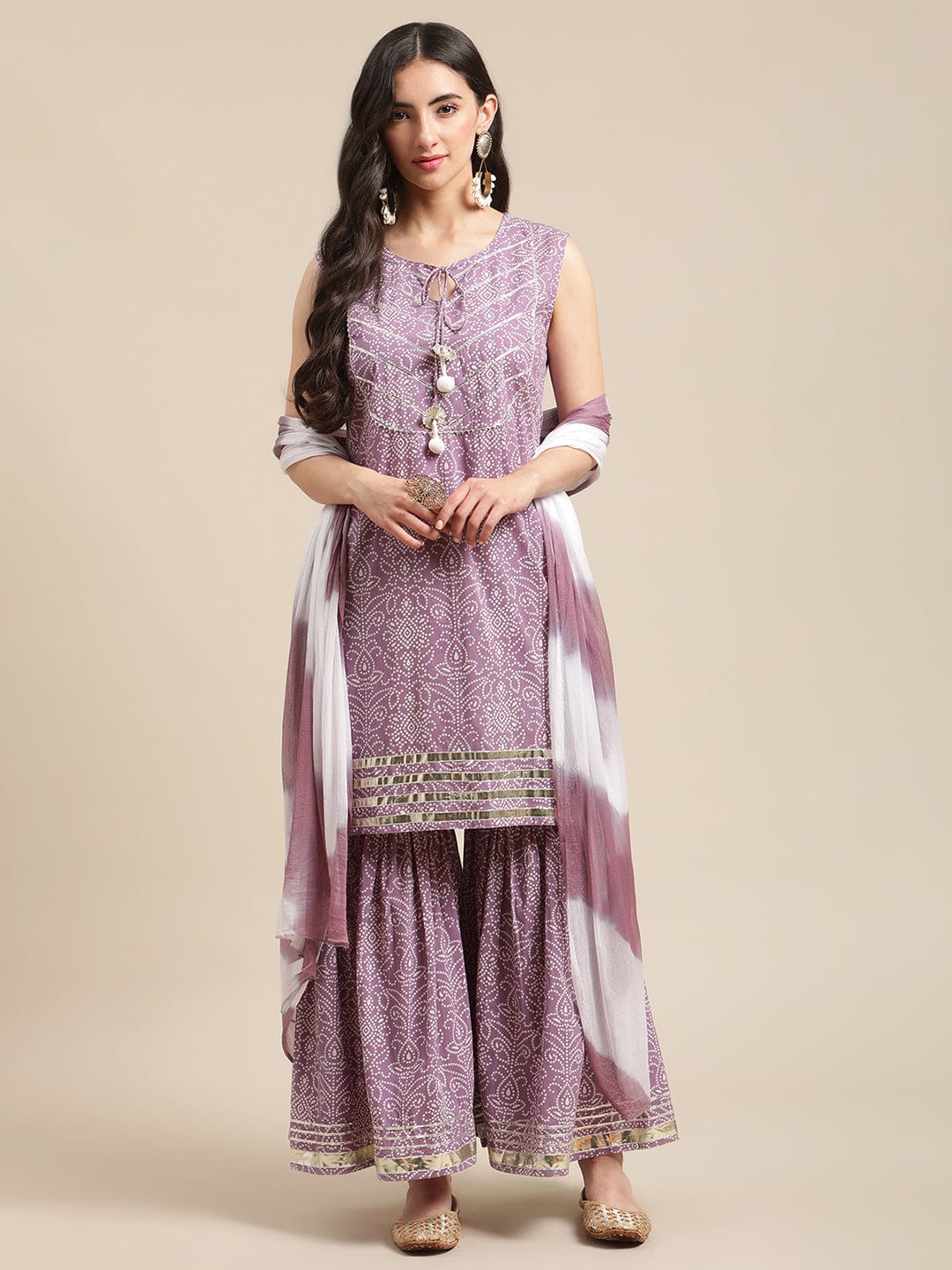 Women's Lavender Bandhej Kurta Sharara Set With Tye And Dye Dupatta And Heavy Gota Embellishment