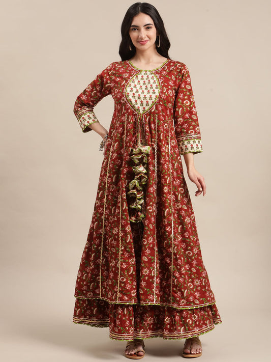 Women's Brown Floral Printed Front Open Anarkali Kurta Sharara Set
