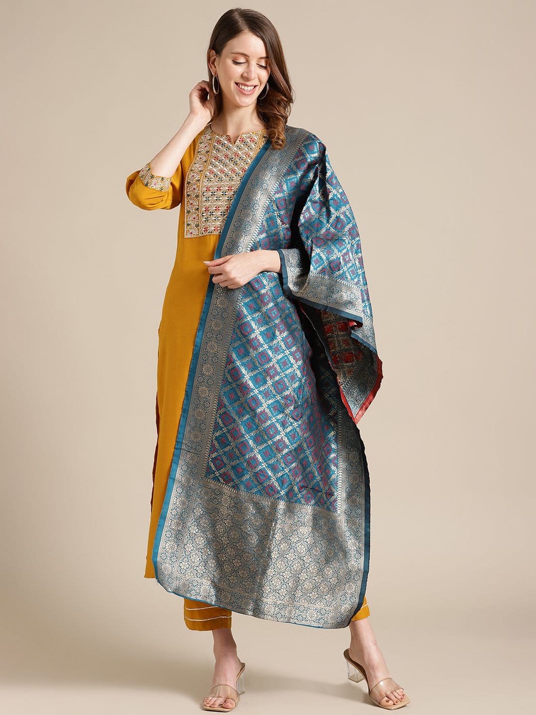 Women's Mustard Kurta With Mutli Color Woven Yoke And Banarasi Dupatta